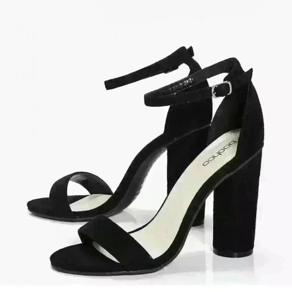 Boohoo Women's Louise Cylinder Block Two Part Black Vegan Heels Sz 7 US - Picture 2 of 4